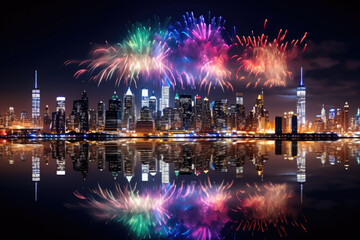 The big modern city by the lake is celebrating the new year with fireworks - obrazy, fototapety, plakaty