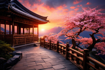 An Asian wooden pagoda next to cherry blossom trees and distant snowy mountains at sunset
