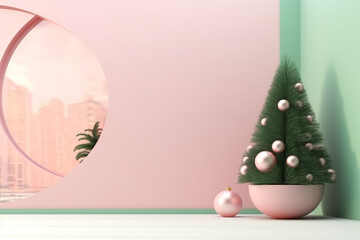 Abstract and minimalist with various geometric shapes colorful Christmas holidays background with copy space. Generative AI