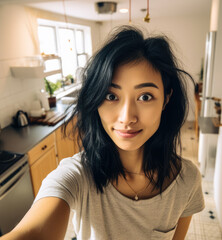 Fototapeta na wymiar Young Asian woman taking a selfie at home