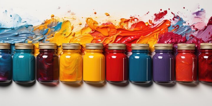Colored paints in front of a white background