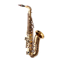front view of saxophone musical instrument isolated on a white transparent background