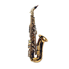front view of saxophone musical instrument isolated on a white transparent background