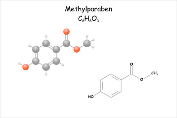 Methylparaben. Stylized molecule model and structural formula.