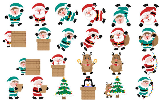 Set of cartoon Christmas isolated on background. Cute Santa Claus character with gift, bag with presents, waving and greeting.objects For Christmas cards, banners, tags and labels.vector.