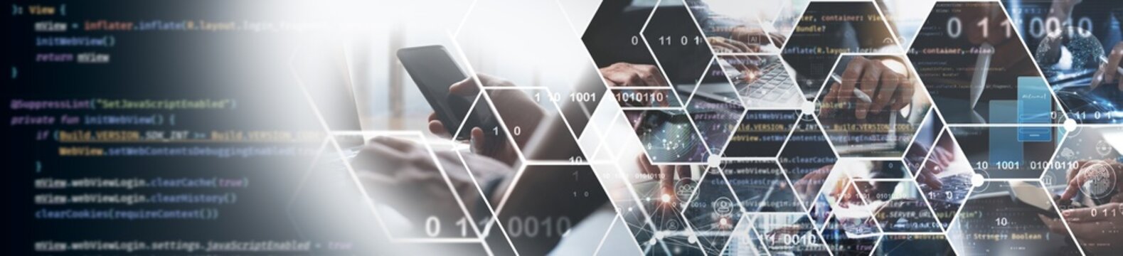 Software development, Agile methodology, Digital technology background. Software developer, software engineer team programming computer code with javascript and data connection