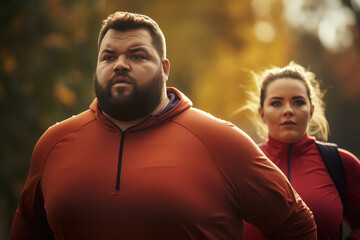 Overweight or fat couple running or jogging together at park - obrazy, fototapety, plakaty