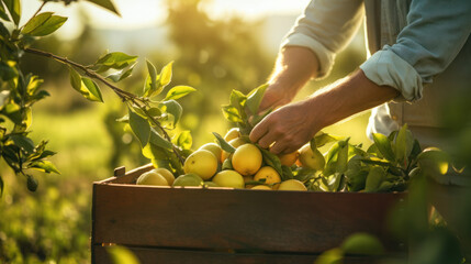 Farmer man harvesting, picking lemons from tree on sky background. Mediterranean citrus fruits, Greece, Spain.