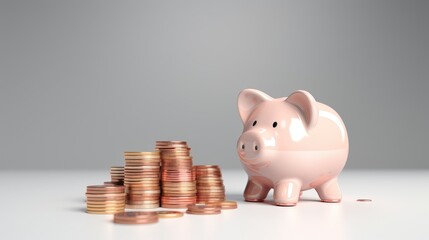 Piggy bank and gold coins on a white background.