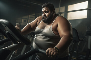 Fototapeta na wymiar Overweight or fat man doing workout at gym