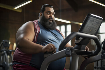 Overweight or fat man doing workout at gym - obrazy, fototapety, plakaty