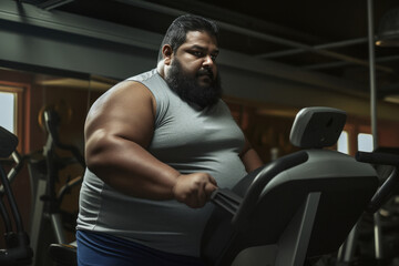 Overweight or fat man doing workout at gym