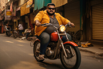 Fototapeta na wymiar fat man driving motor bike