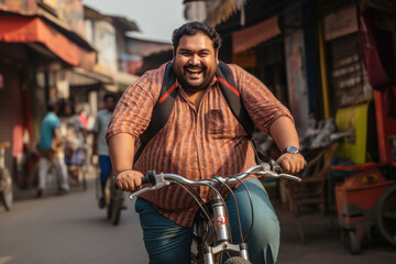overweight or fat man riding bicycle on city street - Powered by Adobe