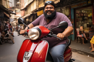 fat man driving scooter