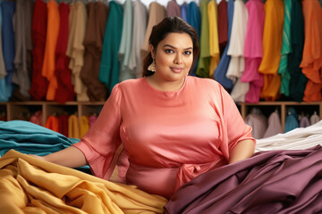 Overweight or fat woman fashion designer standing at shop.
