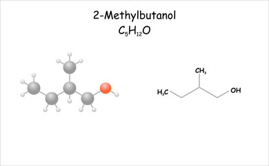 2-Methylbutanol. Stylized molecule model and structural formula.