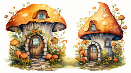 Watercolor autumn pumpkin and mushroom