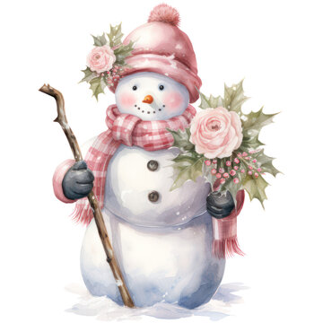 Watercolor Pastel Winter Snowman Clipart. Snowman and Floral Decor. Christmas Theme Illustration.