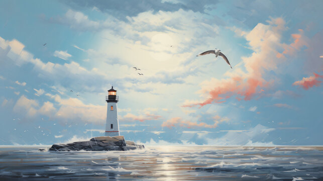 A painting of a lighthouse in the middle of a ocean