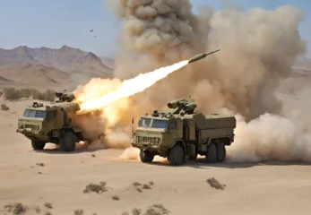 Foto op Plexiglas Missile System in Action,  Active Missile Launch,  Military Missile Deployment,  Tactical Missile Defense,  Guided Missile System Operation © Nazir