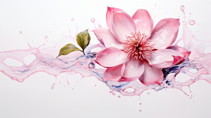 A painting of a pink flower with water splashing