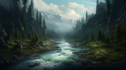 A painting of a river running through a forest - obrazy, fototapety, plakaty