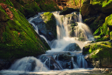 Waterfall in the Mountains  - Beautiful - Green - Cascade - Wallpaper - Background - Colorful -...