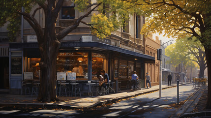 A painting of a street corner with a cafe
