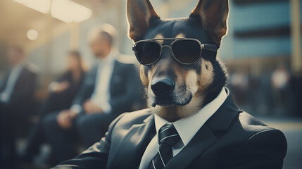 gangster dog wearing black glasses and a black suit with a black tie - obrazy, fototapety, plakaty