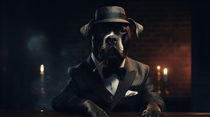 gangster dog wearing hat and a black suit with a tie in cinematic background - obrazy, fototapety, plakaty