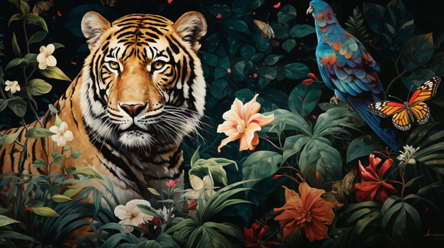A painting of a tiger and a leopard in a jungle