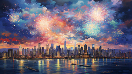 Obraz premium A painting of fireworks in the sky over a city
