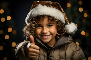 The photograph of a cute girl wearing a Santa Claus hat, Christmas happiness pose, isolated on an...