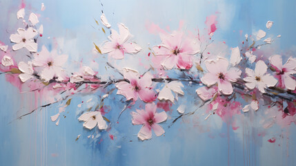 A painting of pink flowers on a blue
