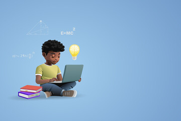 Online education, back to school. Boy doing homework on computer and books with smart brain in lightbulb and flying school elements for student inspiration and imagination. 3D vector.