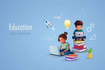 Online education, back to school. Kids doing homework on computer and books with smart brain in lightbulb and flying school elements for student inspiration and imagination. 3D vector.