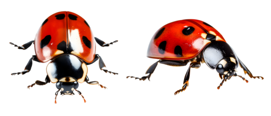 Ladybug ladybird insect, many angles and view portrait side back head shot isolated on transparent background cutout, PNG