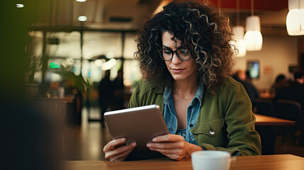 Portrait of woman reading news using e-book in outdoor cafe. Digital ink technology