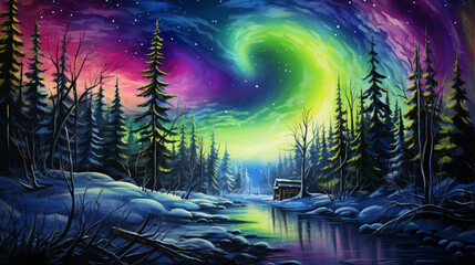 A painting of the aurora bore in the night
