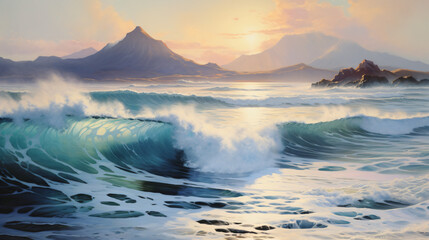 A painting of waves crashing on a beach - Powered by Adobe