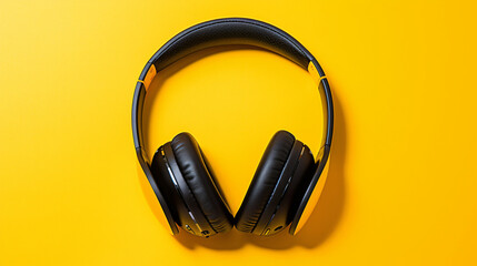 Fototapeta na wymiar A pair of black headphones laying on a yellow surface