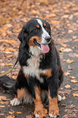 A Bernese Mountain Dog sits on a leash against the backdrop of an autumn park.