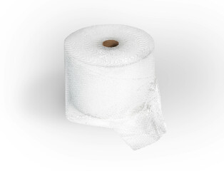 Large roll of clear plastic bubble wrap isolated on a white background. Protective Packaging used in shipping and online retail.