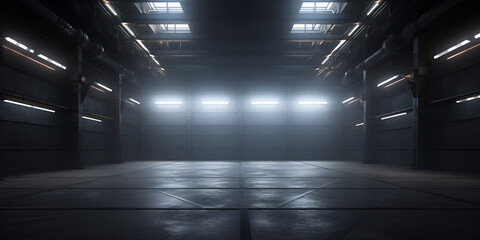 Modern futuristic underground parking corridor warehouse with lighting