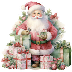 Watercolor Christmas Theme Decoration Illustration. Winter Season Festive. Holiday Artwork. Santa Clause Standing with Happy Season.