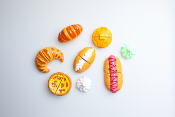 Fresh fruit, vegetables, delicious food, Hamburger and pizza. Colorful educational toys from cute...