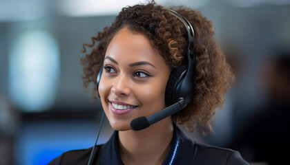 Curly-Haired Customer Support Representative in Conversation Through Headset