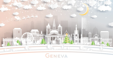 Geneva Switzerland. Winter City Skyline in Paper Cut Style with Snowflakes, Moon and Neon Garland. Christmas, New Year Concept. Geneva Cityscape with Landmarks.