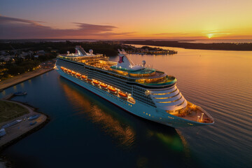 Aerial View of Docked Cruise Ship at Sunset
